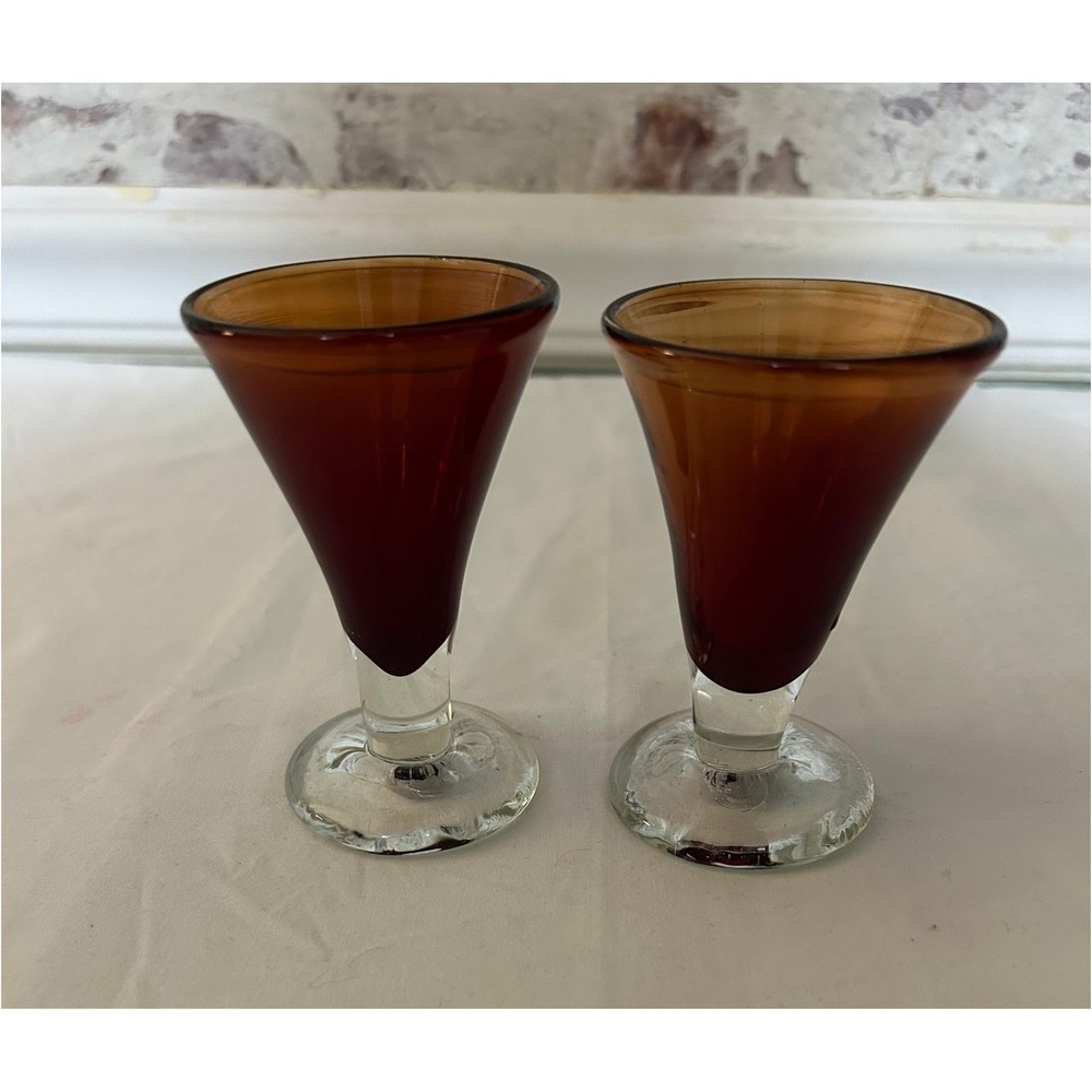 Artisan Hand Blown Amber Red Ombre Cordial Glasses Set of 2